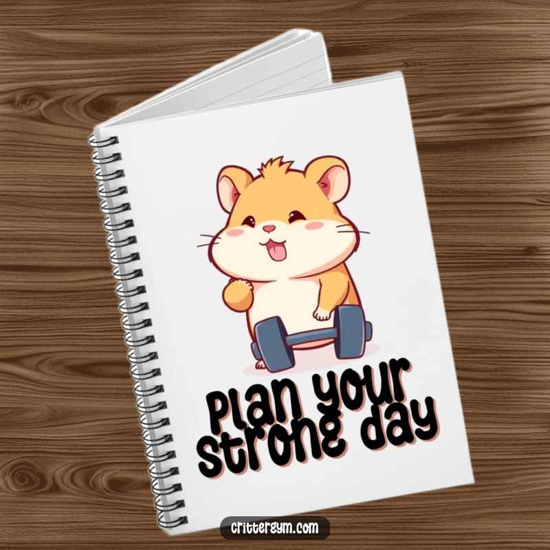Funny energetic hamster character determinedly lifting a dumbbell, on the cover of a notebook, perfect for fitness logs, great funny gift.