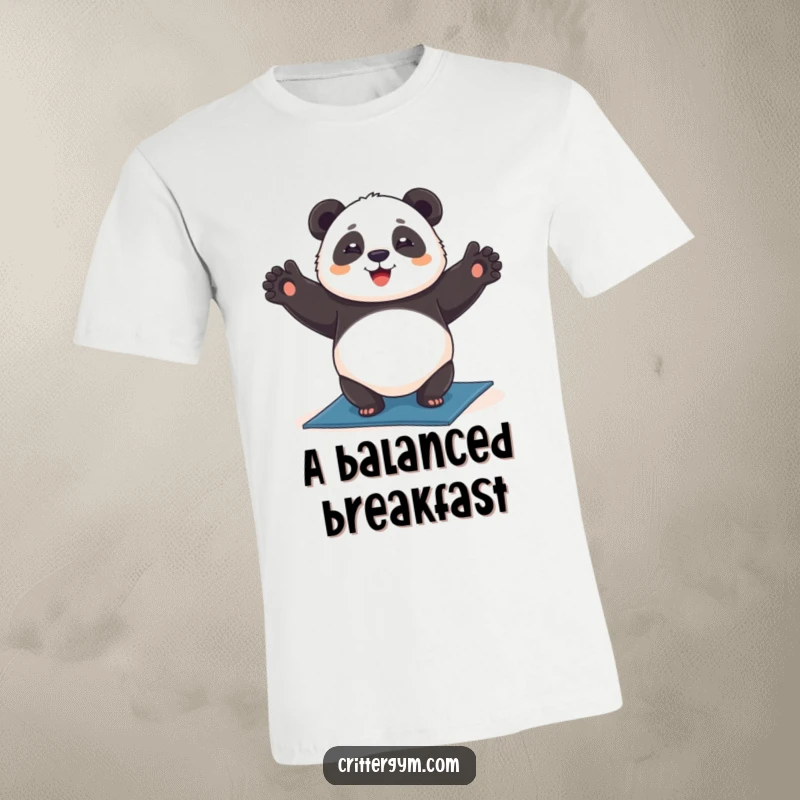 Funny chubby panda t-shirt, happily doing a headstand on a yoga mat, celebrating balance and mindfulness, hilarious funny gift.