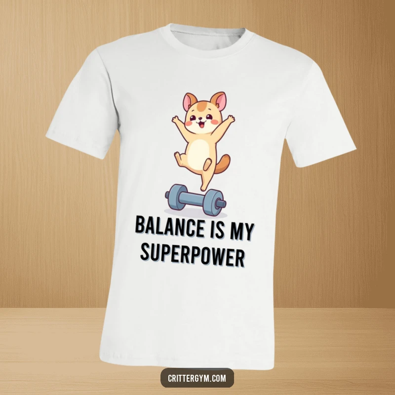Funny handstand animal t-shirt with a cute character performing a handstand on a miniature dumbbell, showing dedication and silliness.