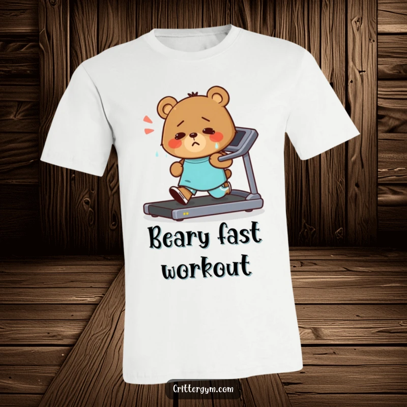 Funny t-shirt graphic of a small bear running hard on a treadmill, dripping sweat but sporting a cheerful, determined grin, capturing workout energy.