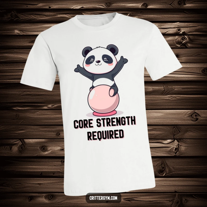 Funny kawaii panda character balancing on a yoga ball, printed on a comfortable t-shirt, a great funny gift.