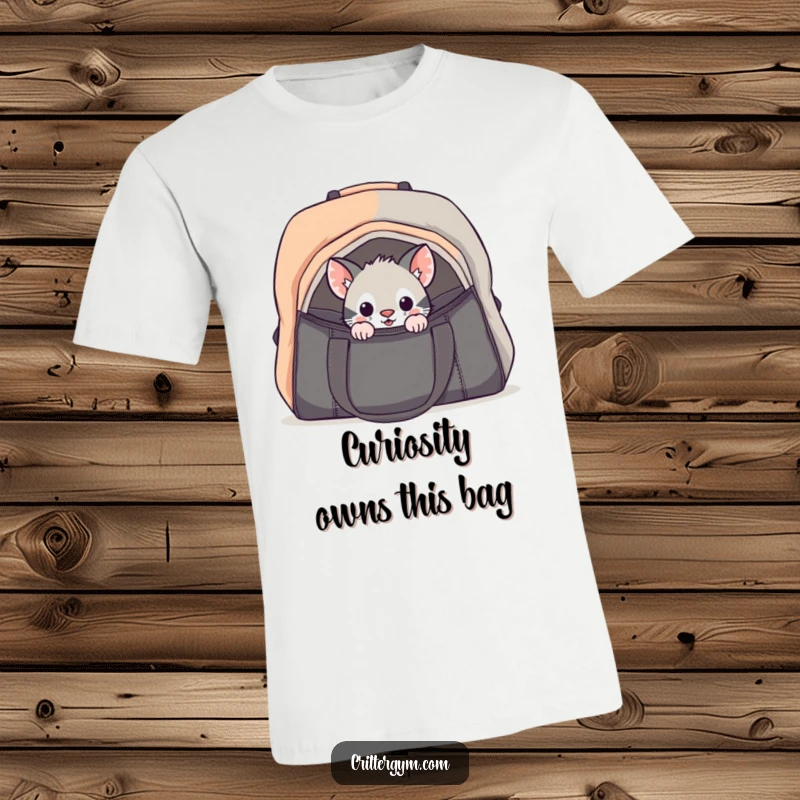 Funny curious critter gym bag t-shirt with a small animal cautiously peeking into a large bag, full of wonder and slight hesitation.