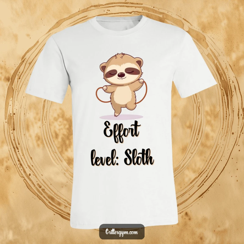 Funny sloth t-shirt, showing a sleepy sloth attempting a comically slow jump rope, perfect for humor lovers.