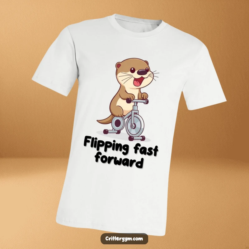 Funny t-shirt with a cute otter excitedly pedaling a tiny exercise bike, conveying energetic and charming humor.