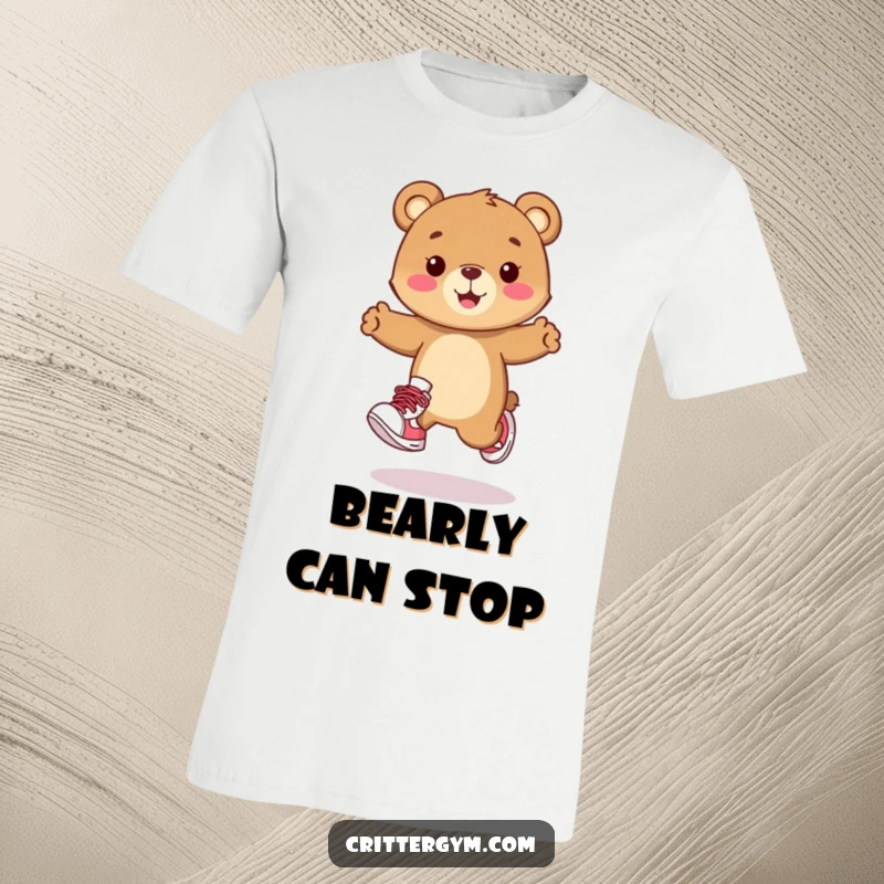 Funny t-shirt featuring a happy bear cub character in little sneakers, captured mid-playful hop. Perfect for cheerful individuals.