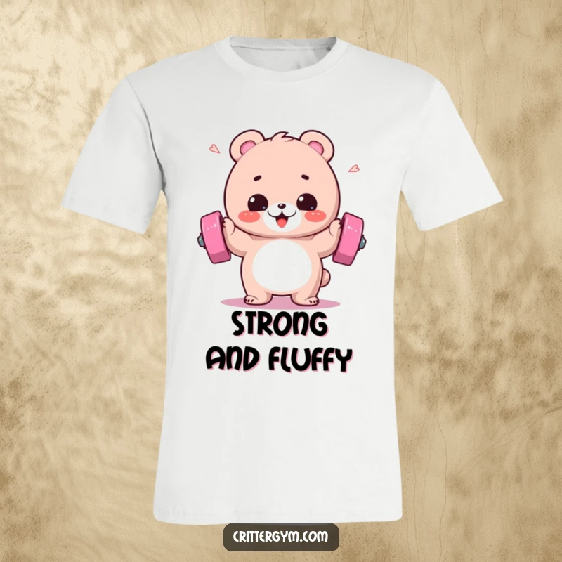 Funny t-shirt depicting a fluffy bear gleefully lifting a brightly colored barbell, sweat flying, perfect for gym enthusiasts.