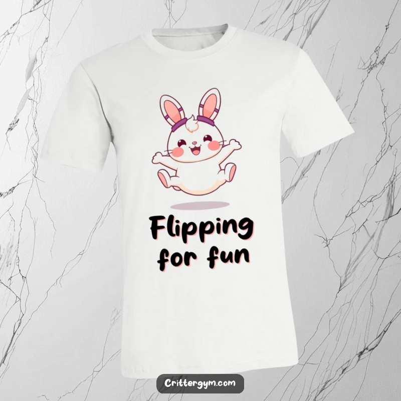 Funny cheerful round bunny character wearing tiny sweatbands, doing a cartwheel with a big smile, printed on a soft t-shirt.
