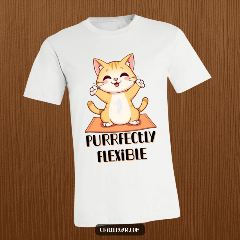Funny t-shirt with a cheerful cat character stretching its paws playfully on a yoga mat, radiating joy and fitness humor.
