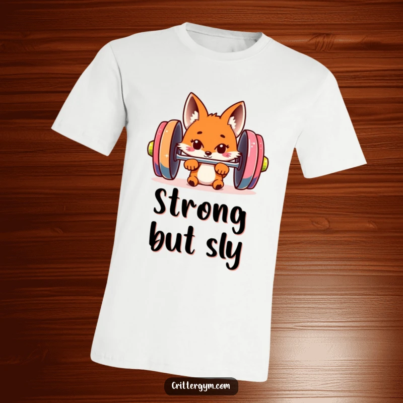 Funny curious fox peeking from behind a giant, colorful barbell on a t-shirt, perfect for gym-goers with a sense of humor.