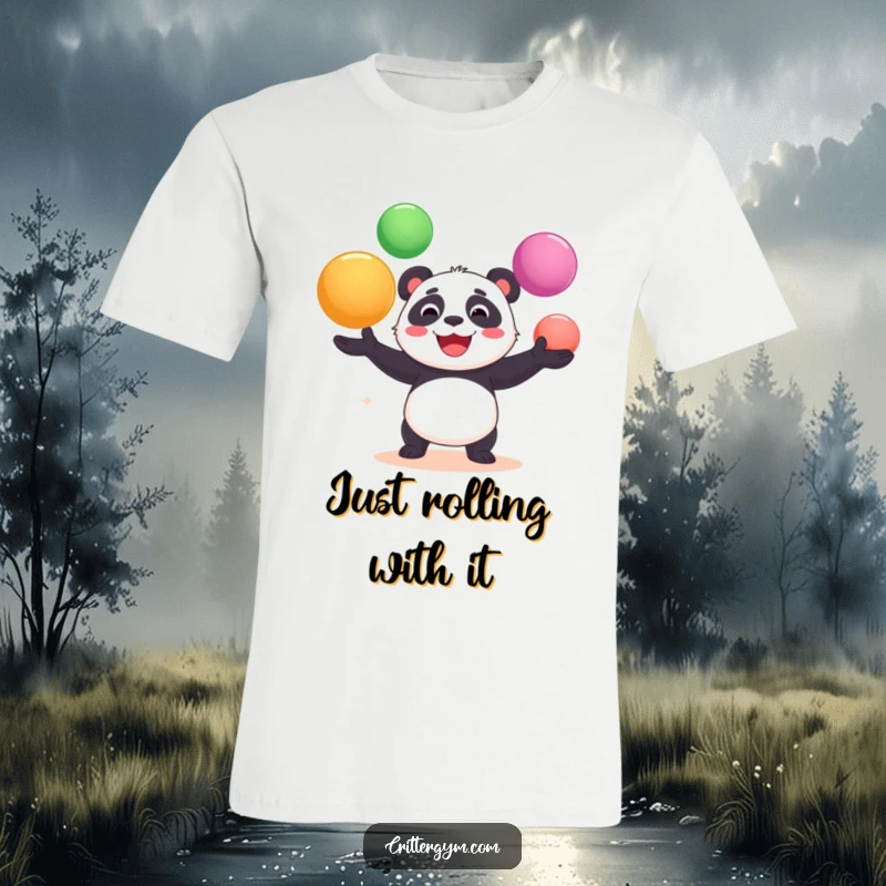 Funny t-shirt with a cheerful panda bear gleefully juggling oversized yoga balls, depicting a moment of chaotic, humorous effort.