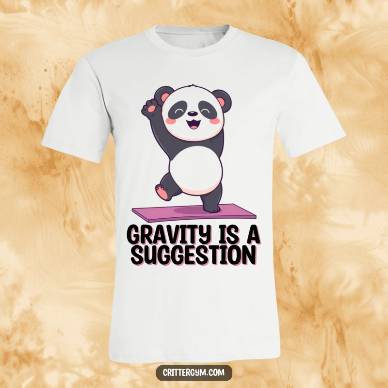 Funny panda bear struggling with a handstand on a yoga mat, showcasing determination and humor on a t-shirt.