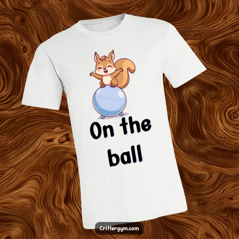 Funny happy squirrel balancing on a bouncing fitness ball on a t-shirt, expressing playful energy and a love for fitness.
