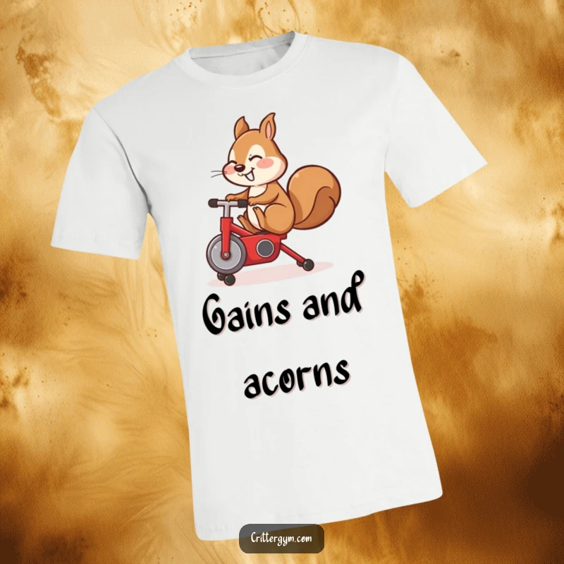 Funny t-shirt, cute squirrel doing a happy leg kick on a tiny red exercise bike, fitness humor.
