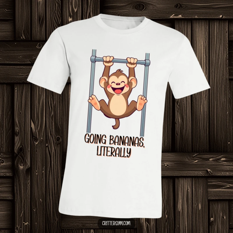 Funny monkey t-shirt, showing a mischievous monkey hanging upside down from a pull-up bar, energetic and fun.