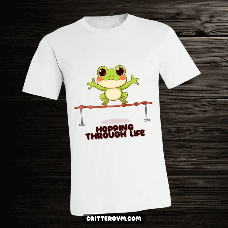 Funny t-shirt featuring a small, happy frog character leaping over tiny jump ropes with wide, excited eyes.