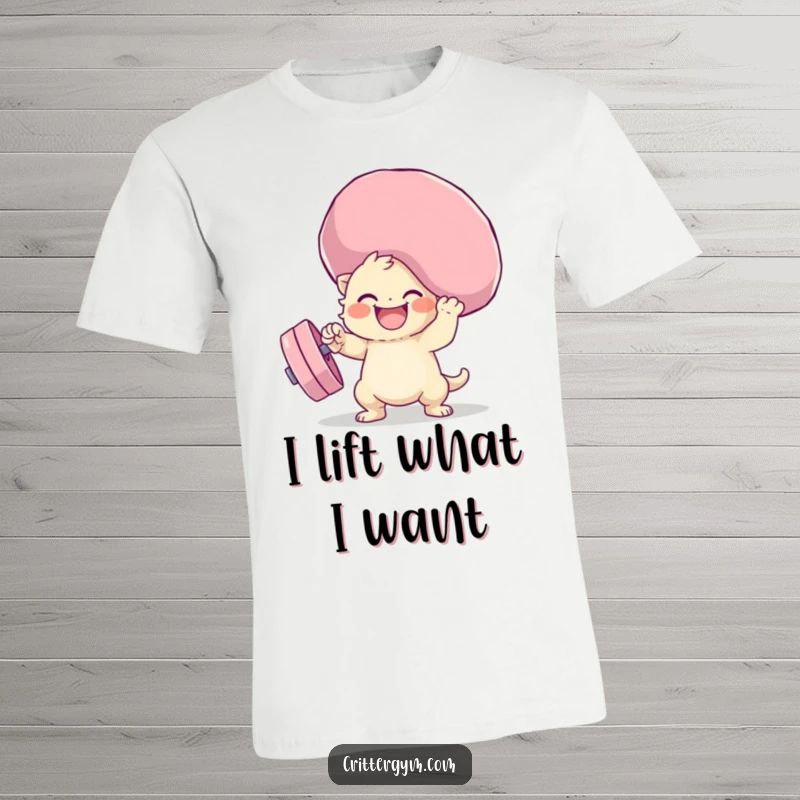 Funny squishy weight lifting t-shirt showcasing a small creature straining to lift an enormous, squishy bar, radiating power and comedy.