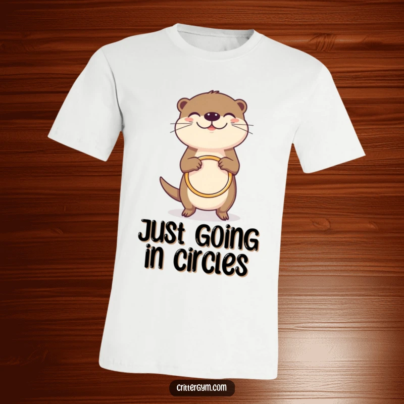 Funny grinning otter t-shirt, joyfully spinning a tiny hula hoop, celebrating happiness and playfulness, hilarious funny gift.