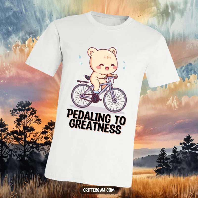 Funny T-Shirt: A cute creature gleefully pedals a tiny stationary bike, with sweat droplets flying, displaying humorous cycling effort.