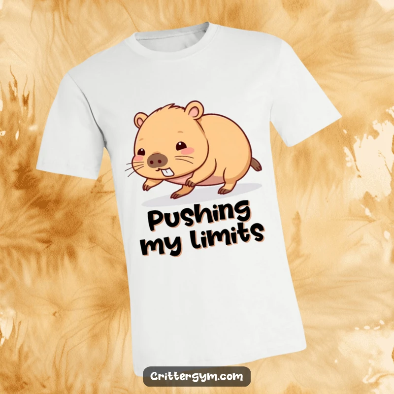 Funny kawaii capybara character attempting a push-up on a t-shirt, expressing great effort, a humorous funny gift.