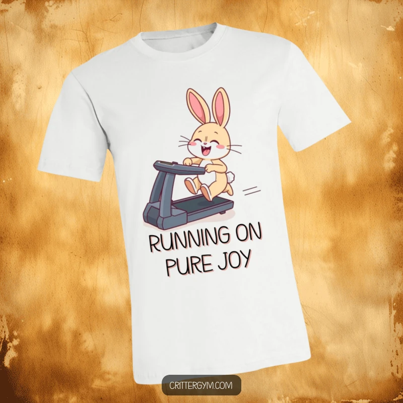 Funny t-shirt showing a giggling bunny sprinting on a treadmill, its ears flapping, conveying energetic humor.