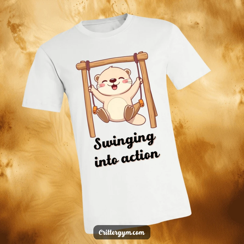Funny t-shirt featuring a playful otter character joyfully swinging on a miniature monkey bar with a gleeful expression.