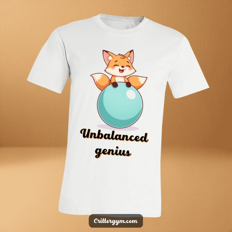 Funny fox balance t-shirt showcasing a playful fox character laughing while balancing on a large exercise ball, perfect for active fun.