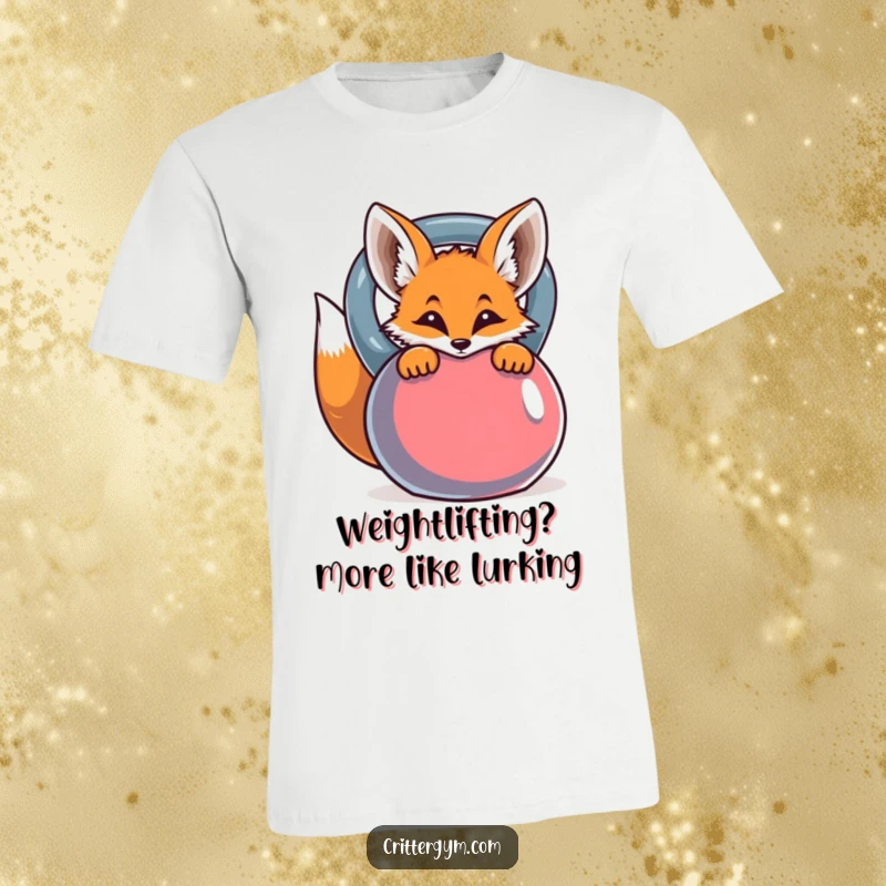 Funny t-shirt featuring a curious fox peeking mischievously from behind a large, colorful kettlebell.