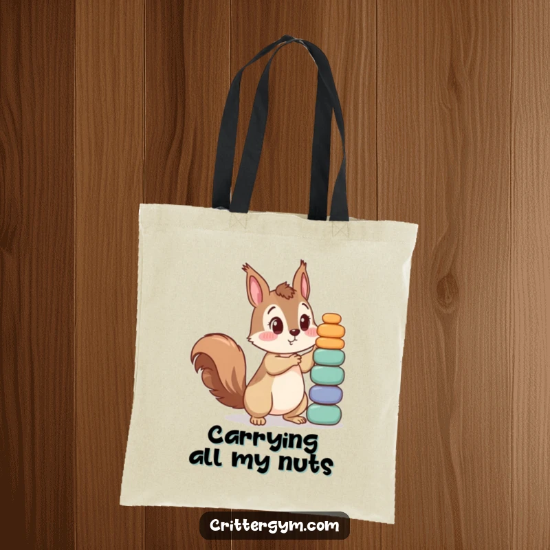 Funny tote bag featuring a curious squirrel surprised by a massive stack of small weights it's trying to lift. Great for gym bags.