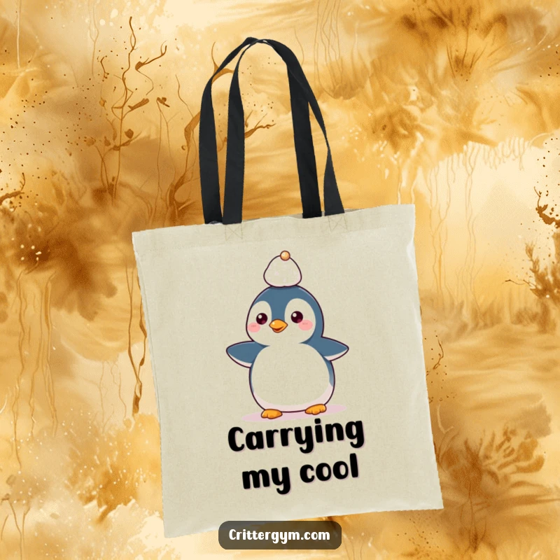 Funny Kawaii penguin character balancing a minuscule weight on its head, a humorous and practical tote bag.
