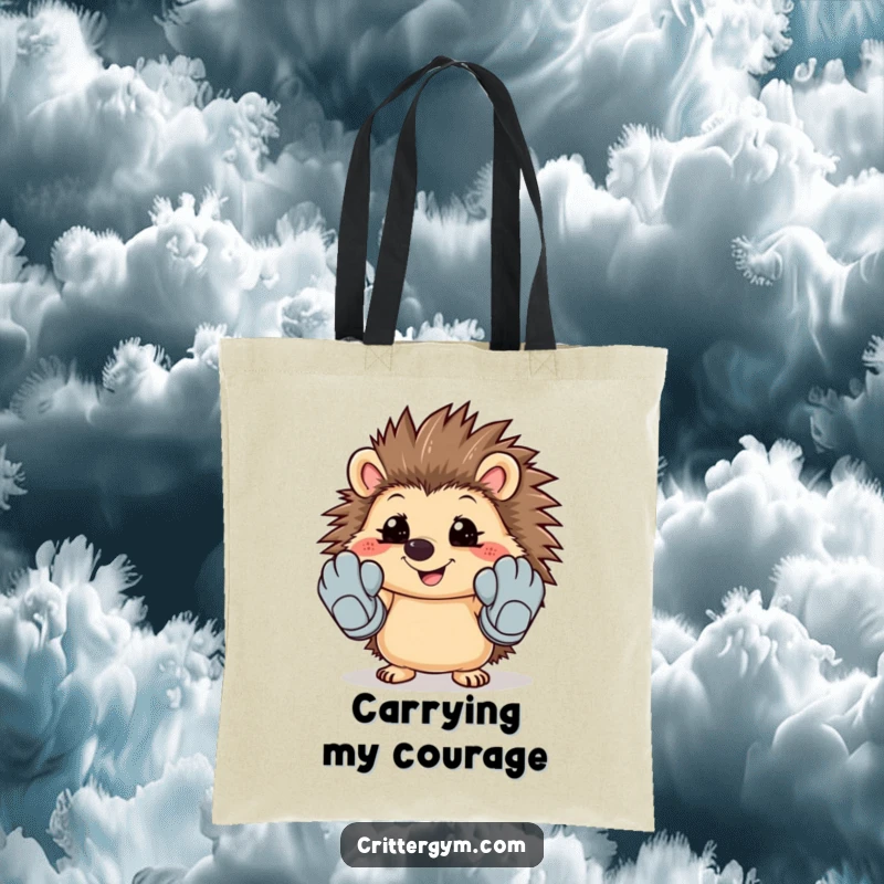 Funny tote bag featuring a smiling hedgehog trying on oversized cartoon workout gloves, ideal for gym or shopping.