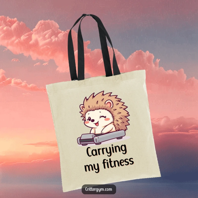 Funny hedgehog tote bag with a tiny character on a miniature treadmill, sporting a huge grin and jiggling quills.