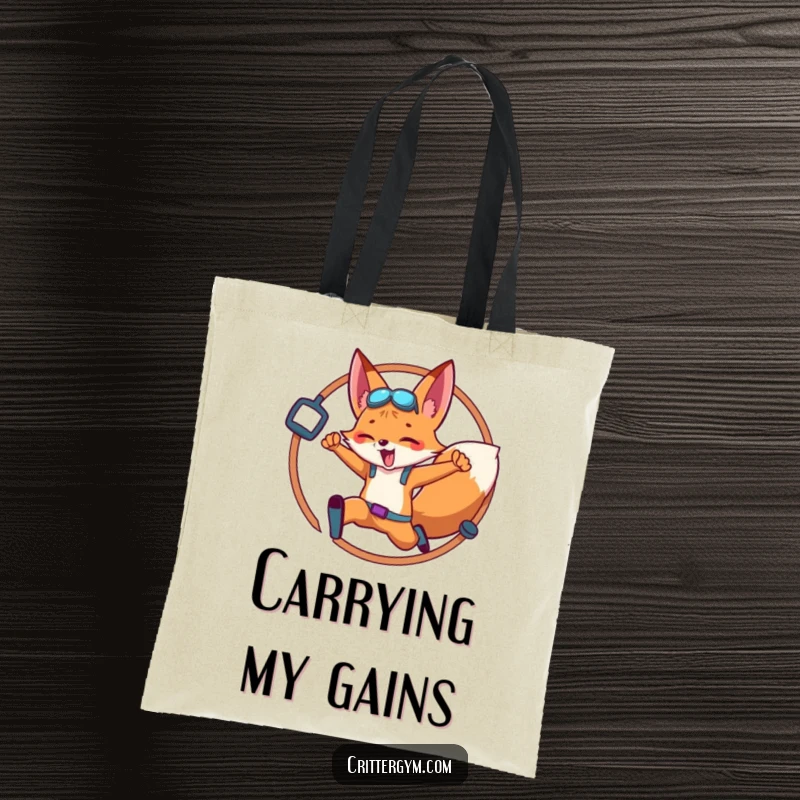 Funny Fox Tote Bag: An athletic fox leaping gracefully through a hoop furnished with fitness equipment, ready for action.