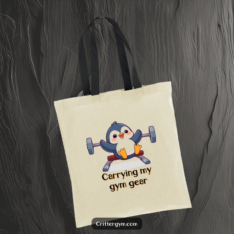 Funny tote bag depicting a silly penguin joyfully sliding down a weight bench with an ecstatic, happy expression.
