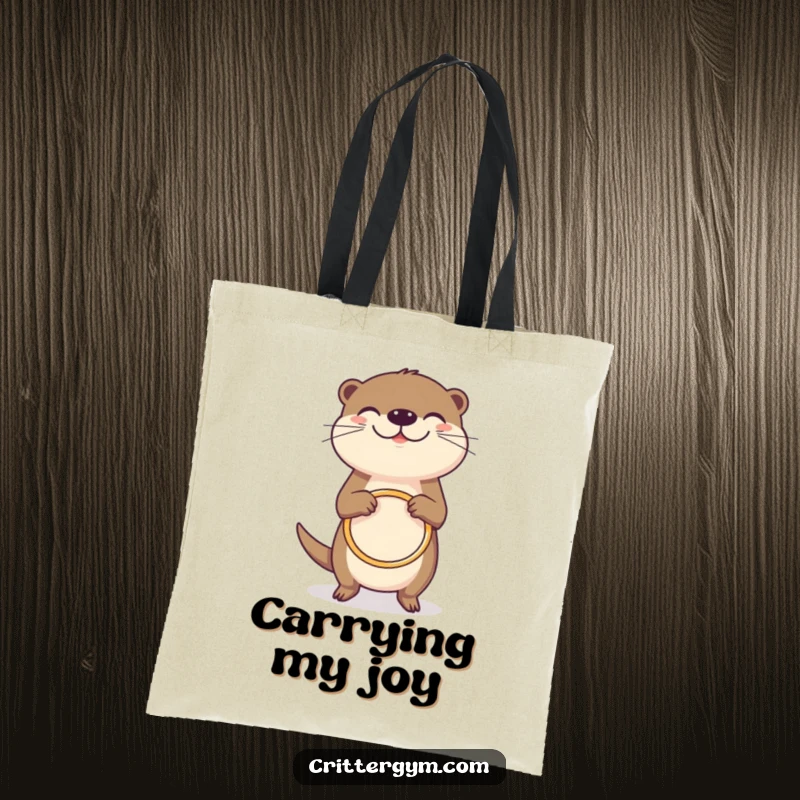 Funny grinning otter tote bag, joyfully spinning a tiny hula hoop, practical and cheerful, perfect funny gift.