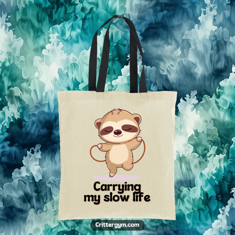 Funny sloth tote bag, featuring a sleepy sloth comically attempting to jump rope in slow motion, spacious and humorous.