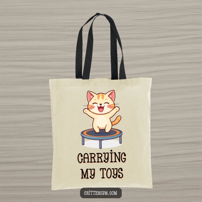 Funny tote bag with a cheerful cat excitedly bouncing on a trampoline, ideal for carrying everyday essentials with feline flair.