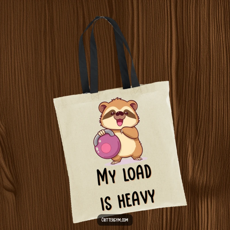 Funny kawaii sloth character struggling with a kettlebell on a durable tote bag, a functional funny gift.