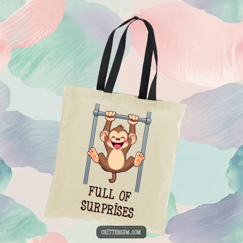 Funny monkey tote bag, a mischievous monkey hanging upside down from a pull-up bar, perfect for everyday errands.