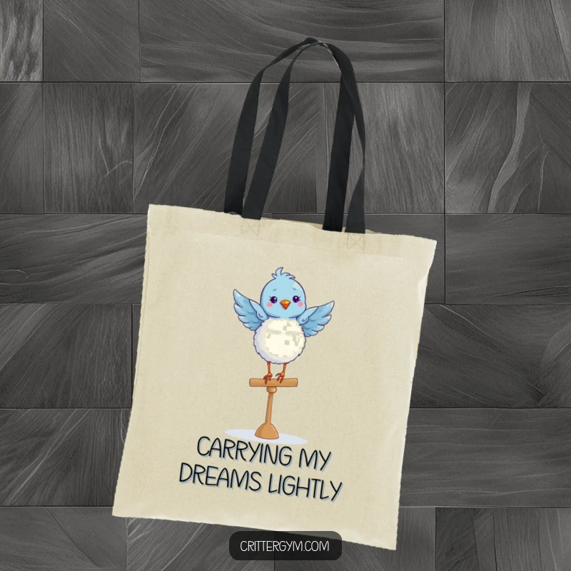 Funny blue bird in a ballet pose balanced on a beam, featured on a stylish and humorous tote bag.