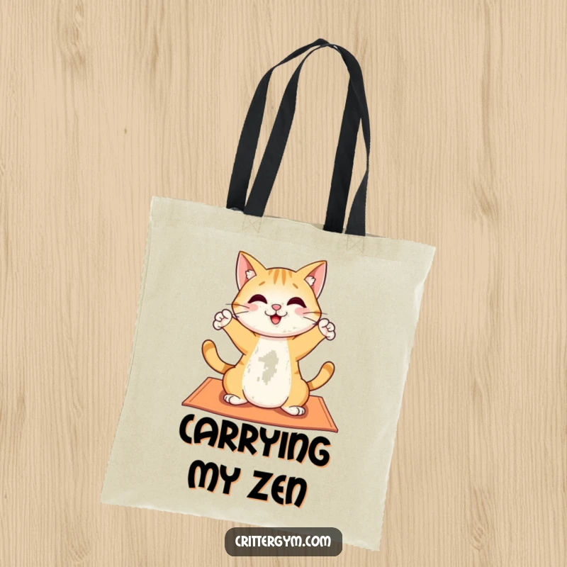 Funny tote bag featuring a cheerful cat character playfully stretching on a yoga mat, ideal for daily errands with a humorous twist.
