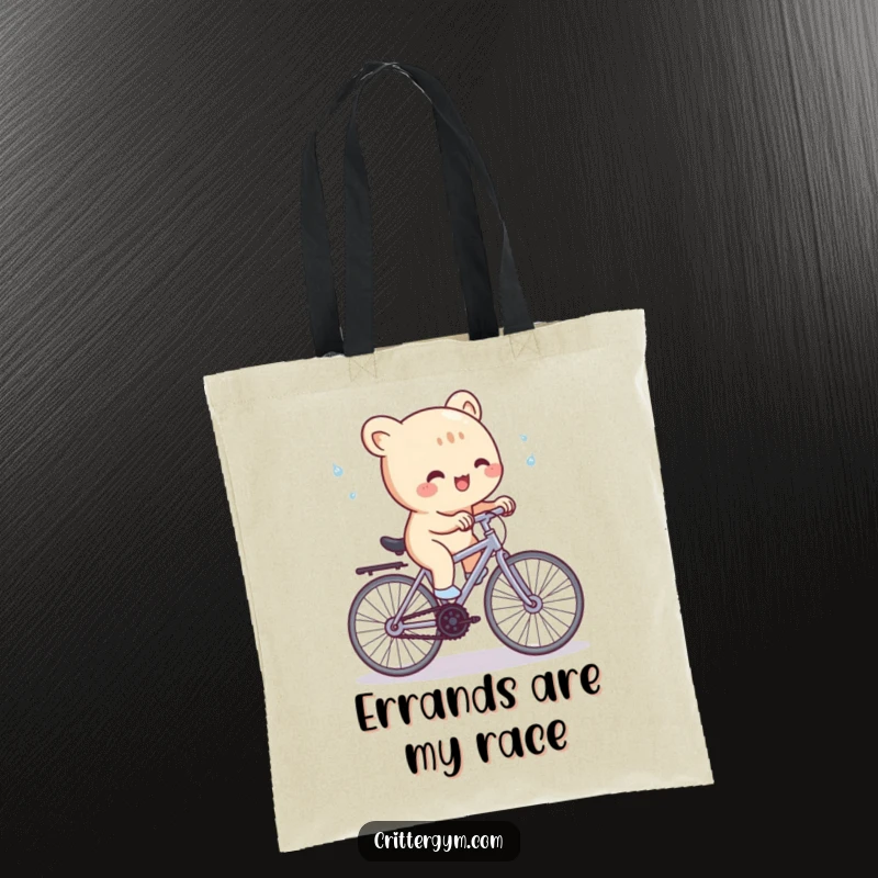 Funny Tote Bag: A cute creature gleefully pedals a tiny stationary bicycle, with sweat droplets flying, showing humorous fitness.
