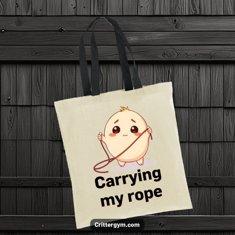 Funny Tote Bag: A round creature looking endearingly puzzled with a giant jump rope.