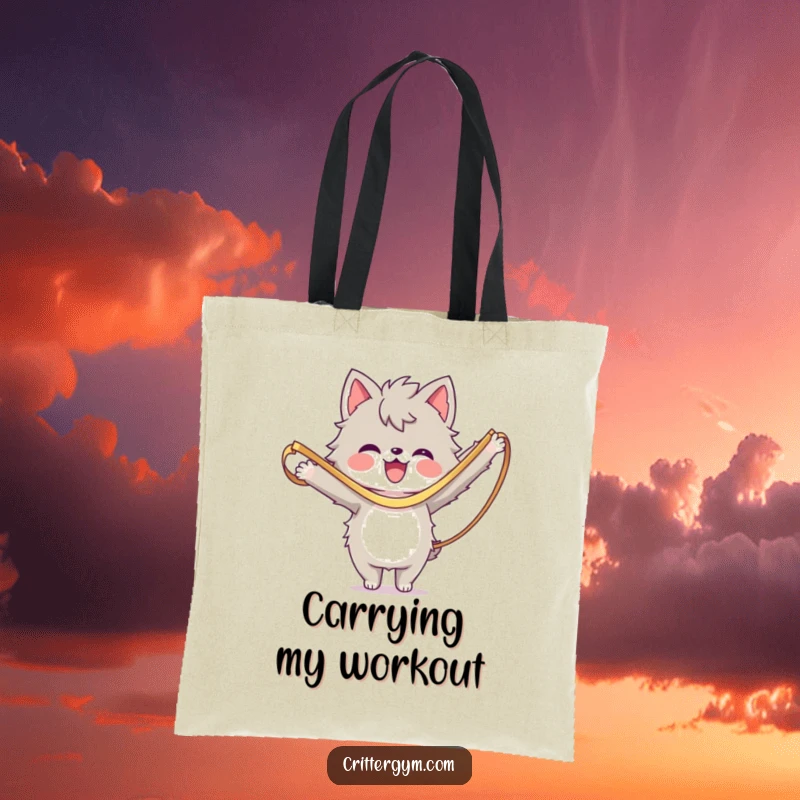 Funny Tote Bag: A furry character gleefully stretching using a resistance band, a humorous fitness accessory.
