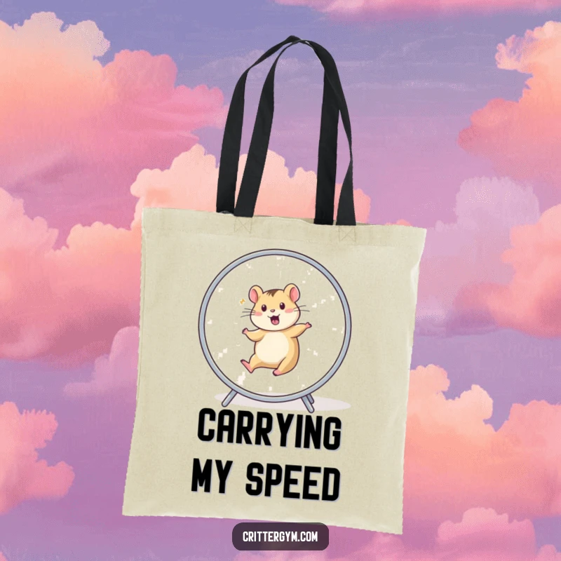 Funny Tote Bag: A small animal character in a blur of motion, running enthusiastically on a hamster wheel.