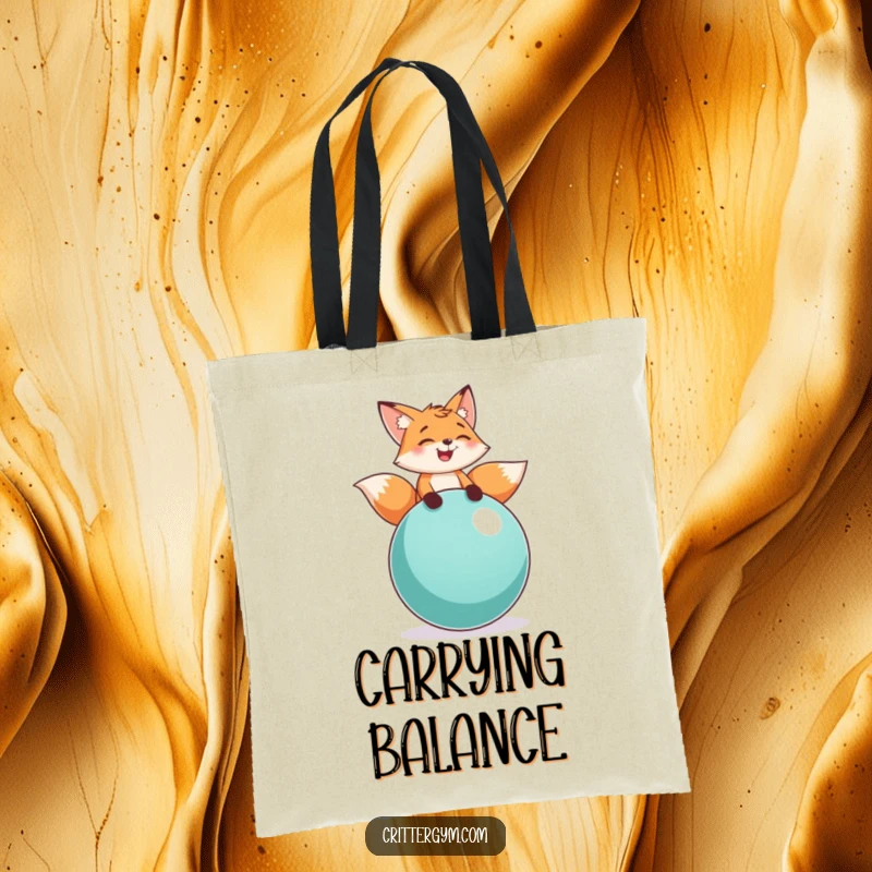 Funny fox balance tote bag featuring a playful fox character laughing while balancing on a large exercise ball, a motivational accessory.