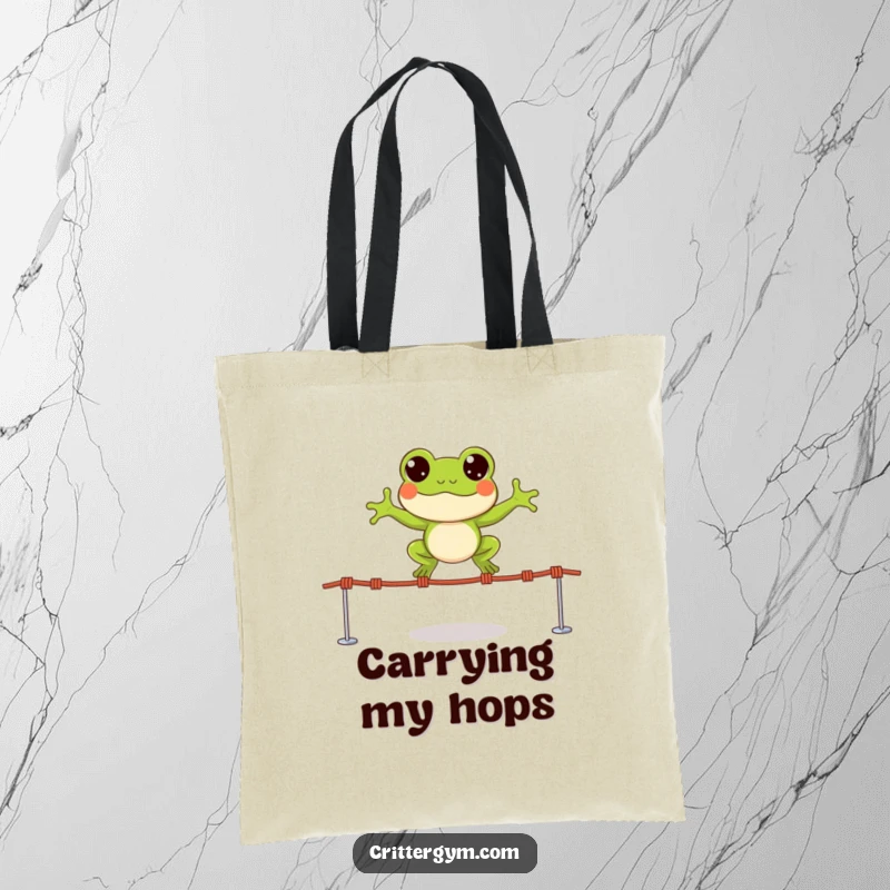 Funny tote bag with a small, happy frog character leaping over tiny jump ropes with wide, excited eyes, for everyday use.