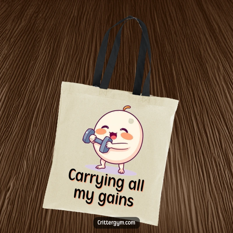 Funny Tote Bag: A spherical character exerts immense effort lifting a minuscule dumbbell, conveying hilarious gym struggles.