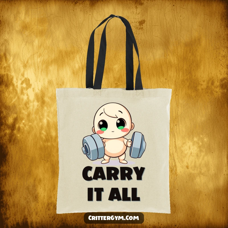 Funny tote bag, small round character with big eyes trying to lift a huge dumbbell, for gym gear.