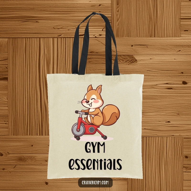 Funny tote bag, cute squirrel doing a leg kick on a tiny red exercise bike, for gym gear.