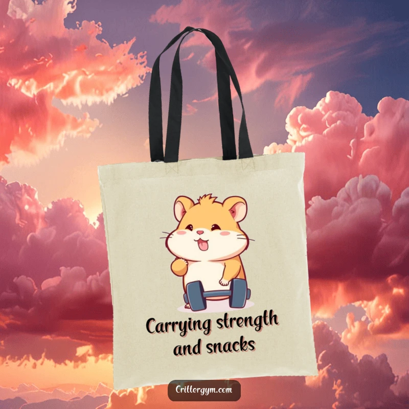 Funny energetic hamster lifting a miniature dumbbell with determination, on a durable tote bag, an excellent funny gift.